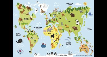 Wereldkaart poster kinderen - NEDERLANDSE TEKST - dieren - 50 x 70 cm - wanddecoratie