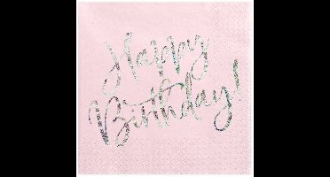 PARTYDECO - 20 roze "Happy Birthday" iriserende papieren servetten 33 x 33 cm voor feest