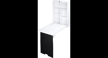 Wandtafel – Opklapbaar Bureau – Opbergmeubel – Werkplek – Schrijfplank – Ruimtebesparend Design – 5 Compartimenten – Zwart/Wit – PVC – 60x94,5x147 cm