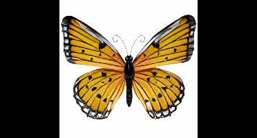 Pro Garden Wanddecoratie vlinder - geel - 34 x 28cm - metaal - muurdecoratie / schutting / tuin