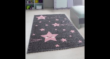 Kinderkleed, sterrenmotief, roze, kinderkamerkleed, jute achterkant, afmeting: 120 cm x 170 cm