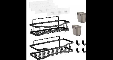 Badkamerorganisatie doucheschappen – 31,5*11*7,5 cm – zwart – 2 Stuks – lijmzachte bevestiging,4 haakjes,2 verplaatsbare tandenborstelhouders,borenvrij,grote capaciteit,badkameropbergaccessoire