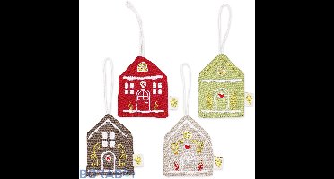 Kerstboomdecoratie - Set van 4 stoffen hangers - Peperkoekhuisjes - 5x7,5 cm
