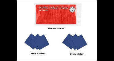 1x Tafelkleed papier rood 120cm x 180cm + 40x Cocktail servetten blauw 24cm x 24cm 3 laags