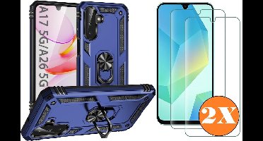 Hoesje Geschikt voor Samsung Galaxy A17 5G / A26 5G Hoesje Blauw Anti-Shock Hybrid Armor hoesje Met Draaibare Ring Houder - Samsung A17 Screenprotector 2 pack