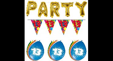 Folat 13 jaar versiering pakket - PARTY letters en 16x ballonnen met 2x plastic vlaggetjes - 13e verjaardag - feestartikelen