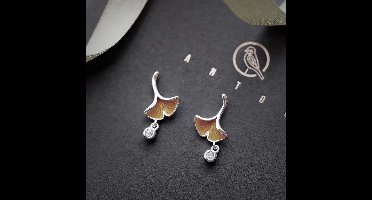 Gading® dames oorknoppen met Ginkgo blaadje & Zirkonia hanger- lichtbruin oorknopjes- 16mm*8mm-zilver 925