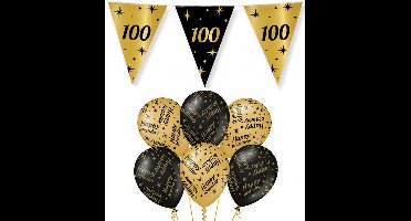 100 jaar verjaardag versiering pakket zwart/goud vlaggetjes/ballonnen