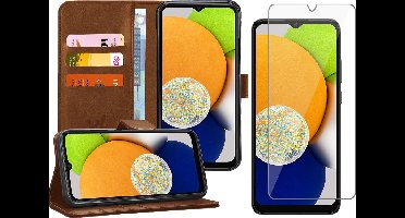 Hoesje geschikt voor Samsung A03 - Book Case Kunstleer Wallet Cover Portemonnee Pasjeshouder Hoes Bruin - Tempered Glass Screenprotector