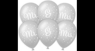 Paperdreams Ballonnen - Mr. & Mrs huwelijks feest - 6x stuks - zilver/wit - 30 cm