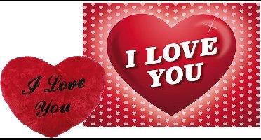 Out of the blue Pluche knuffel kussen rood - I Love You - 35 cm - met Love / hartjes thema wenskaart - Cadeau set