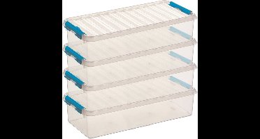 4x sunware q-line opberg box/opbergdoos - 6.5 liter - 48 x 19 x 10 cm - kunststof - opslagbox - transparant/blauw