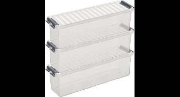3x sunware q-line opberg box/opbergdoos - 1.3 liter - 27 x 8 x 9 cm - kunststof - opslagbox - transparant/zilver