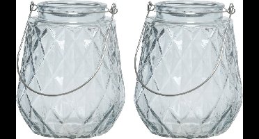 2x stuks theelichthouders/waxinelichthouders ruitjes glas ijsblauw met metalen handvat 11 x 13 cm - Windlichtjes/kaarsenhouders