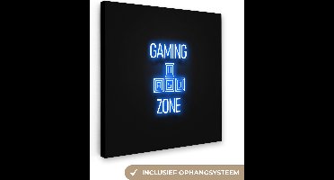 Canvas schilderij 50x50 cm - Wanddecoratie Gaming - Tekst - Gaming zone - Neon - Blauw - Muurdecoratie game room - Gaming kamer decoratie - Gameroom accessoires - Schilderijen