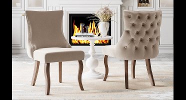 2 stuks hoge rug 4-poots stoel-beige fluwelen eetkamerstoel-met-knoopsteek-massief houten frame-beige(Set van 2) Style 3