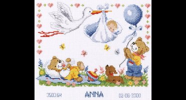 borduurpakket 70.732 ooievaar, geboorte (incl. blauw/rose garen)