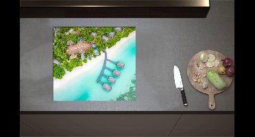 Inductieplaat Beschermer - Bovenaanzicht van Resort met Klassieke Hutjes van de Maledieven - 58x52 cm - 2 mm Dik - Inductie Beschermer - Bescherming Inductiekookplaat - Kookplaat Beschermer van Wit Vinyl