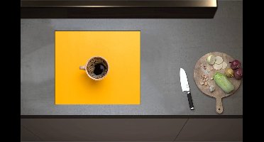 Inductieplaat Beschermer - Bovenaanzicht van Verse Kop Koffie op Okergele Ondergrond - 58x50 cm - 2 mm Dik - Inductie Beschermer - Bescherming Inductiekookplaat - Kookplaat Beschermer van Zwart Vinyl