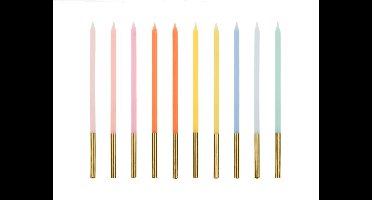 Kaarsjes mix / goud - taart - 14 centimeter - 10 stuks - gekleurd - regenboog - pastel