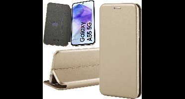 Hoesje geschikt voor Samsung Galaxy A55 - Screenprotector Volledig Dekkend Glas & Camera - Wallet Book Case Goud