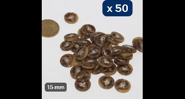 50 Stuks BLINKENDE POLYESTER KNOPEN, Maat 15MM, 4 Gaatjes, Kleur BEIGE/BRUIN