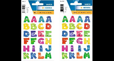 Stickervelletjes met 96x stuks gekleurde alfabet plak letters met gezichtjes 28 mm - 4 vellen