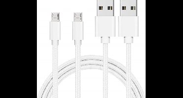 2x Micro USB naar USB A Nylon Gevlochten Kabel Zilver Wit - 1 meter - Oplaadkabel voor Samsung Galaxy J5 2017 (J530) / J5 2016 (J510) / J5 2015 (J500) / J3 2017 (J330) / J3 2016 (J320) / J1 2016 (J120) / J1 2015 (J100)