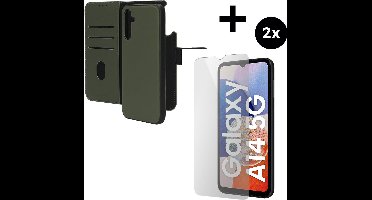 Mobiparts Leather 2 in 1 Wallet Case hoesje geschikt voor Samsung Galaxy A14 (2023) 4G met 2 Screenprotectors van Gehard Glas - Groen