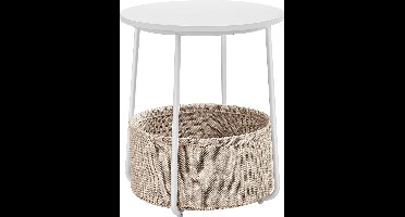 Hoppa! - Bijzettafel - Ronde bijzettafel met stoffen mand, ruim, moderne stijl, wit en beige LET223W10