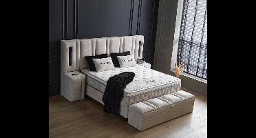 Beddenscout24 Boxspring bed met opbergruimte - 180x200 cm - Beige- Riviera Inclusief 32 cm matras en topper