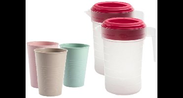 Plasticforte 2x stuks water of limonade schenkkannen - sapkannen - 2 liter - 12x kunststof glazen van 360 ML