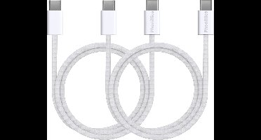 2x USB C naar USB C Nylon Gevlochten Kabel Wit - 1 meter - Oplaadkabel voor iPhone 17e / 17 / iPhone 17 AIR / iPhone 17 PRO / iPhone 17 PRO MAX