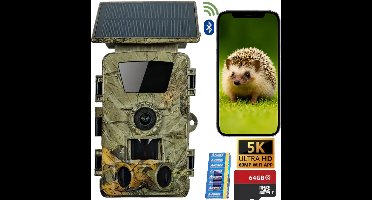 Wildcamera met Zonnepaneel - 5200 mAh batterij - met nachtzicht - WiFi APP - Voor Buiten - Incl.128GB SD - 5K & 60MP - Oplaadbaar - 8 Batterijen