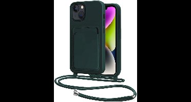 Hoes Geschikt voor iPhone 14 Plus Hoesje Pasjeshouder Cover Met Koord Case Siliconen Hoes Met Telefoonkoord en Kaarthouder - Donkergroen