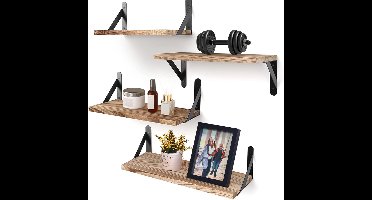 Wandplanken - Set van 4 - Wandrek - Boekenrek - Boekenplank - 42/36/29 x 15.5 x 1.5 cm - Zwevende Planken met Metaal - Max. Belasting 20 kg - Bruin/Zwart