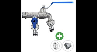 Deltaline - Buitenkraan - Dubbele kraan ½ inch - 2x ¾ inch gardena uitgang - Vorstbestendige Kogelkraan Blauw - Vorstbestendig - Incl. PTFE tape & Extra RVS verloopring ½ x ¾ inch