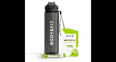 Body & Fit Electrolytes met Drinkfles - Elektrolyten Poeder met Waterfles - Elektrolyten Drink - Lime - 45 gram (10 sticks) en 1L Drinkfles met Rietje