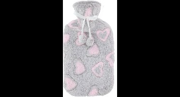Warmwaterkruik - 2L - grijs/roze - met hoes - kruik - hartjes print - bedkruik