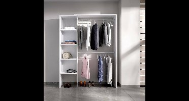 Open Inloopkast Makalu 140 x 40 x 187 cm - Moderne Garderobekast met 4 Planken en 2 Kledingroedes - Wit, Minimalistisch Design, Ruimtebesparend Slaapkamermeubel