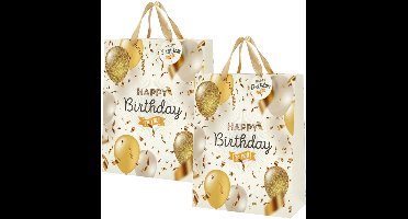 Cepewa verjaardag giftbags/cadeau tasjes - 4x - goud - papier - happy birthday - ballonnen - 17 x 23 x 9 cm