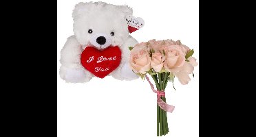 Valentijnscadeau - Beertje en rozenboeket- kunstbloem - wit - cadeau - romantisch