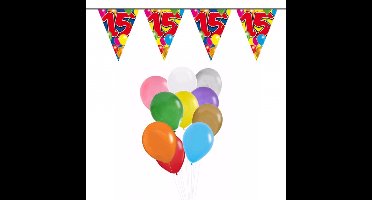 Folat Verjaardag 15 jaar feestartikelen set - 50x ballonnen - 2x leeftijd print vlaggenlijnen