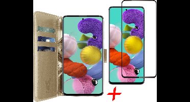 Hoesje geschikt voor Samsung Galaxy A51 - Screen Protector FullGuard - Book Case Kunstleer Pasjeshouder Goud & Screenprotector