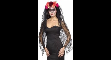 Smiffys Day of the dead haarband - met bloemen en sluier - halloween - horror - diadeem