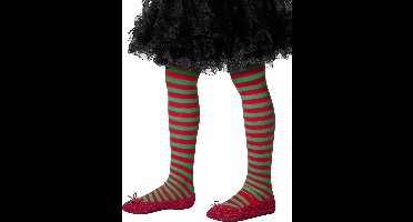 Kinder verkleed panty - rood/groen gestreept - kerstelf - 8 tot 12 jaar - one size - meisjes