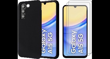 Hoesje geschikt voor Samsung Galaxy A15 - 2x Screenprotector Glas - Mat Back Case Zwart