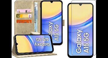 Hoesje geschikt voor Samsung Galaxy A15 - Screenprotector Glas - Portemonnee Book Case Goud