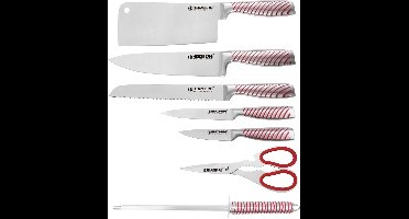 Herzberg Cooking Herzberg Hg-Skn8: 8-Delige Rvs Messenset + 360° Inklapbare En Draaibare Acrylstandaard Rood