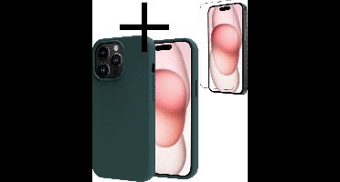 Hoesje - Met Screenprotector - Geschikt voor Apple iPhone 15 Pro Max - Sterk & Shockproof - Back Cover - Siliconen Case - Telefoon Hoes - Donkergroen